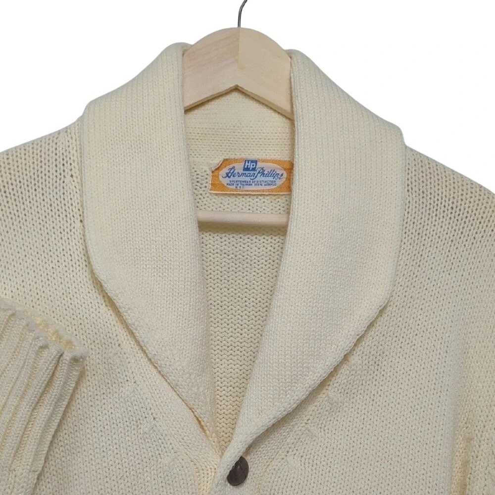 Vintage Herman Phillips Ivory Shawl Collar‎ Cardigan Sweater Preppy Heritage Med